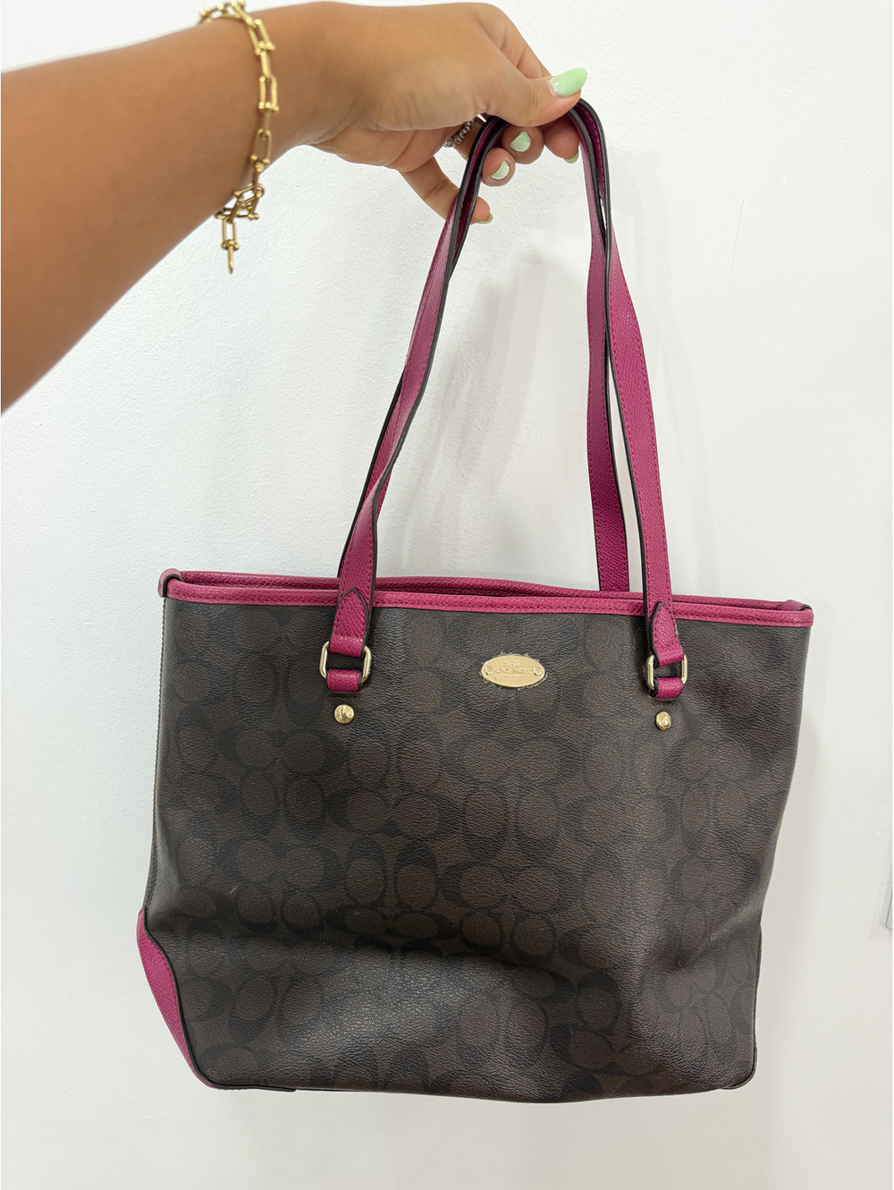 Coach Autentic F34603 Brown & Fuchsia Signature Tote Bag 13×11x5